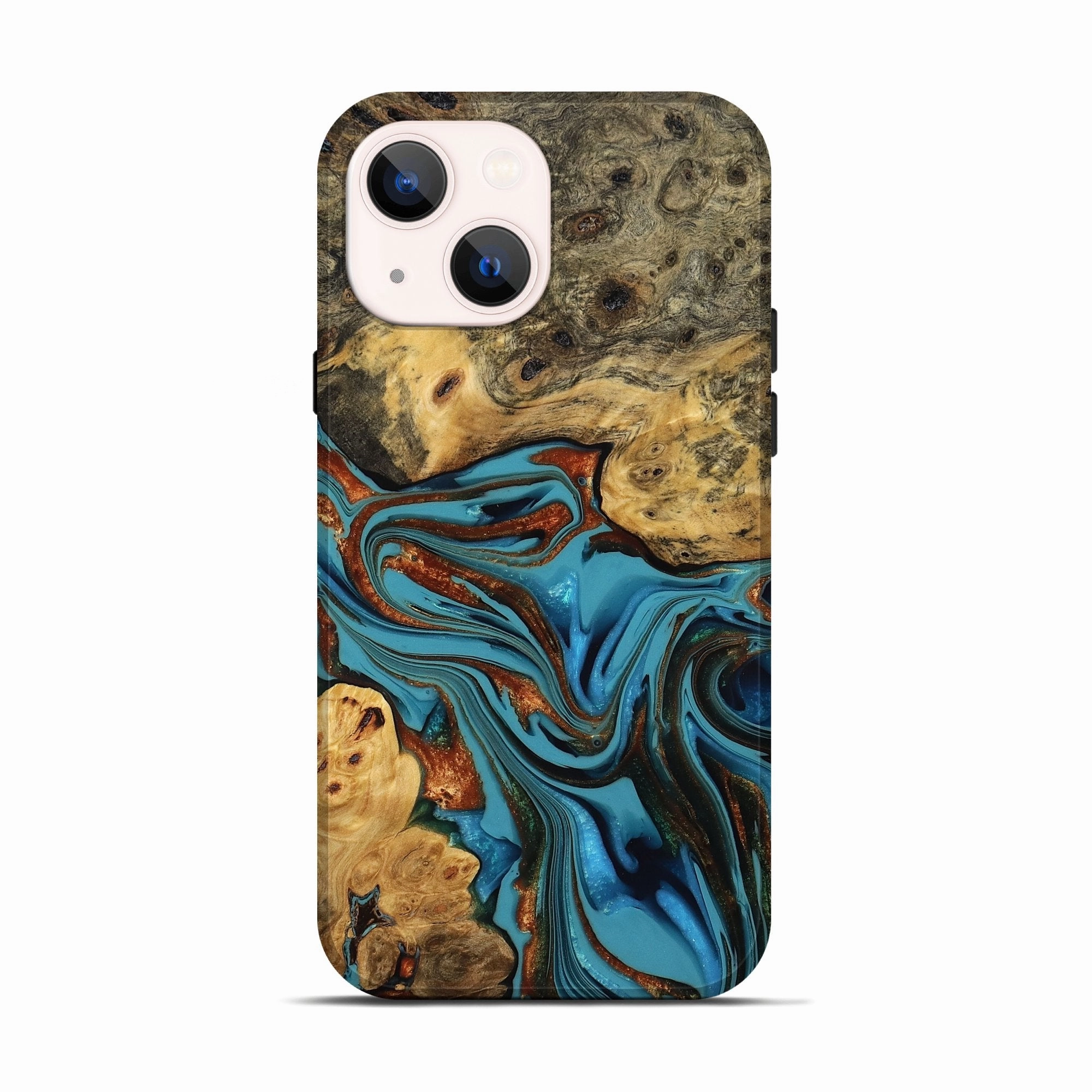 Anti Finger Oil Coating Protective Layer Iphone 13 Wood Live Edge Phone Case - Easton (Teal & Gold, 775966)