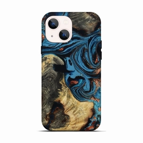 Bubble Free Screen Anti Blue Light Iphone 13 Wood Live Edge Phone Case - Nelle (Teal & Gold, 780324)
