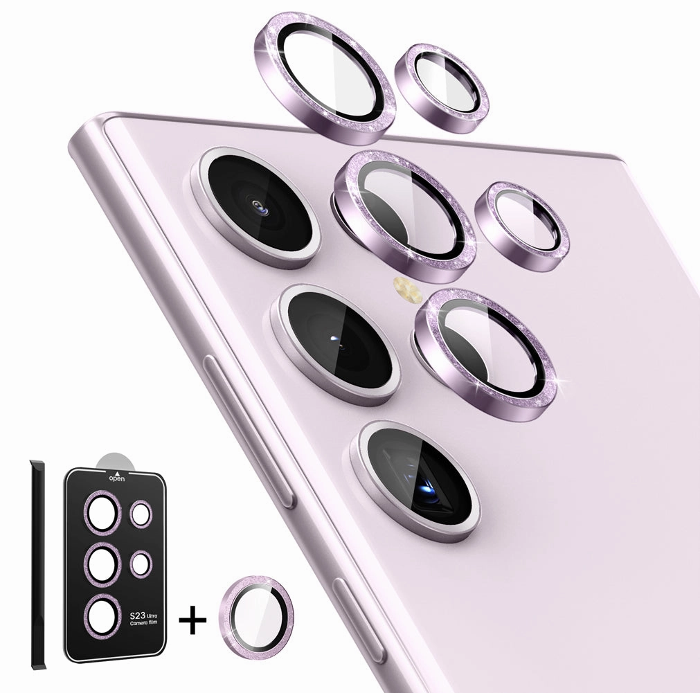 Anti Finger Stain Crystal Clear Screen Tempered Glass Camera Lens Protector For Galaxy S23 Ultra-Glitter Purple