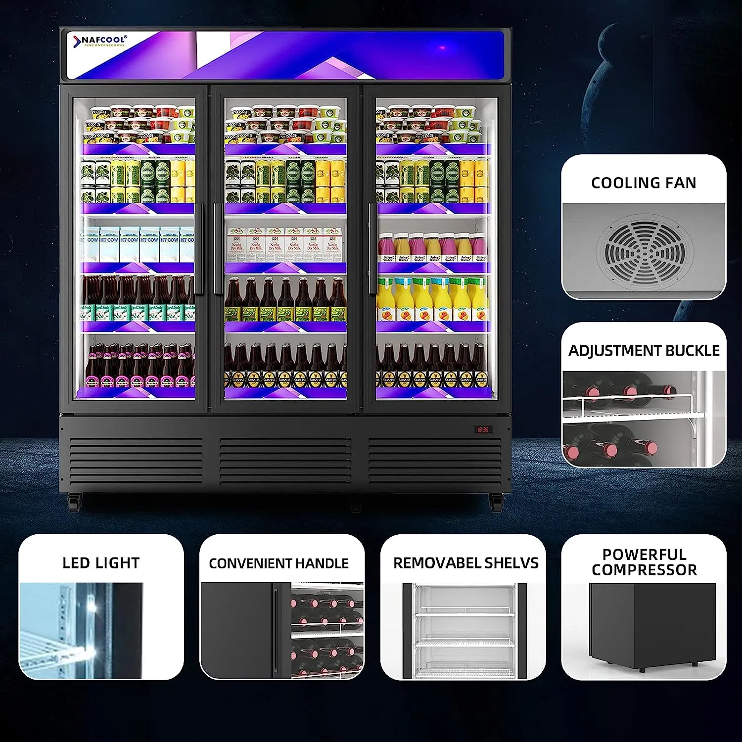 TGDR70'' 56.5 Cubic Ft, 70.9" Wide THREE SECTION Black Swing Glass Door Merchandiser Refrigerator