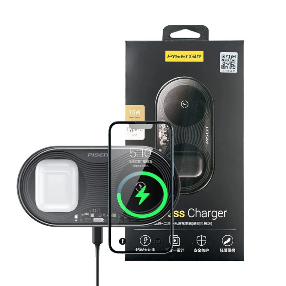 Universal Compatibility Durable Connection Pisen-2-In-1 Wireless Charger (Transparent Technology Version) (Xy-C18/Black)