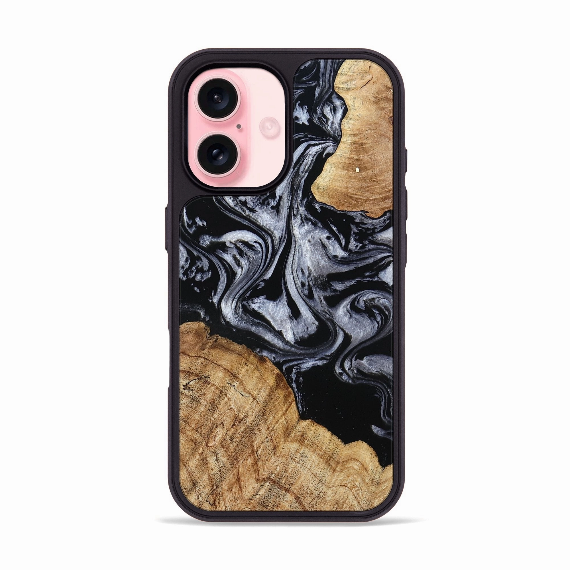 Shock Absorbing Edge to Edge Protection Iphone 16 Wood Phone Case - Derrick (Black & White, 780947)