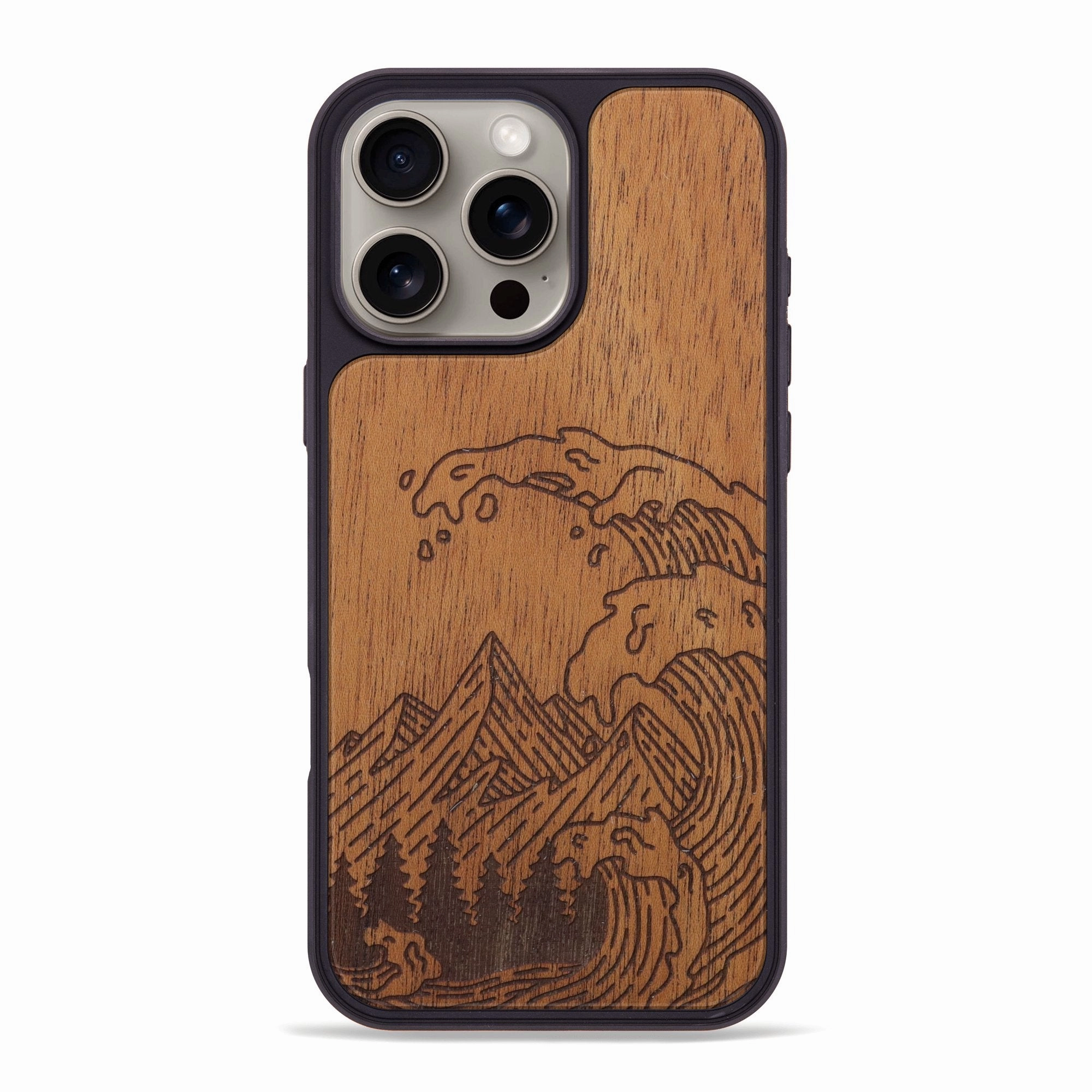 Anti Spy Iphone 16 Pro Max Wood Phone Case - Wave - Mahogany (Curated)