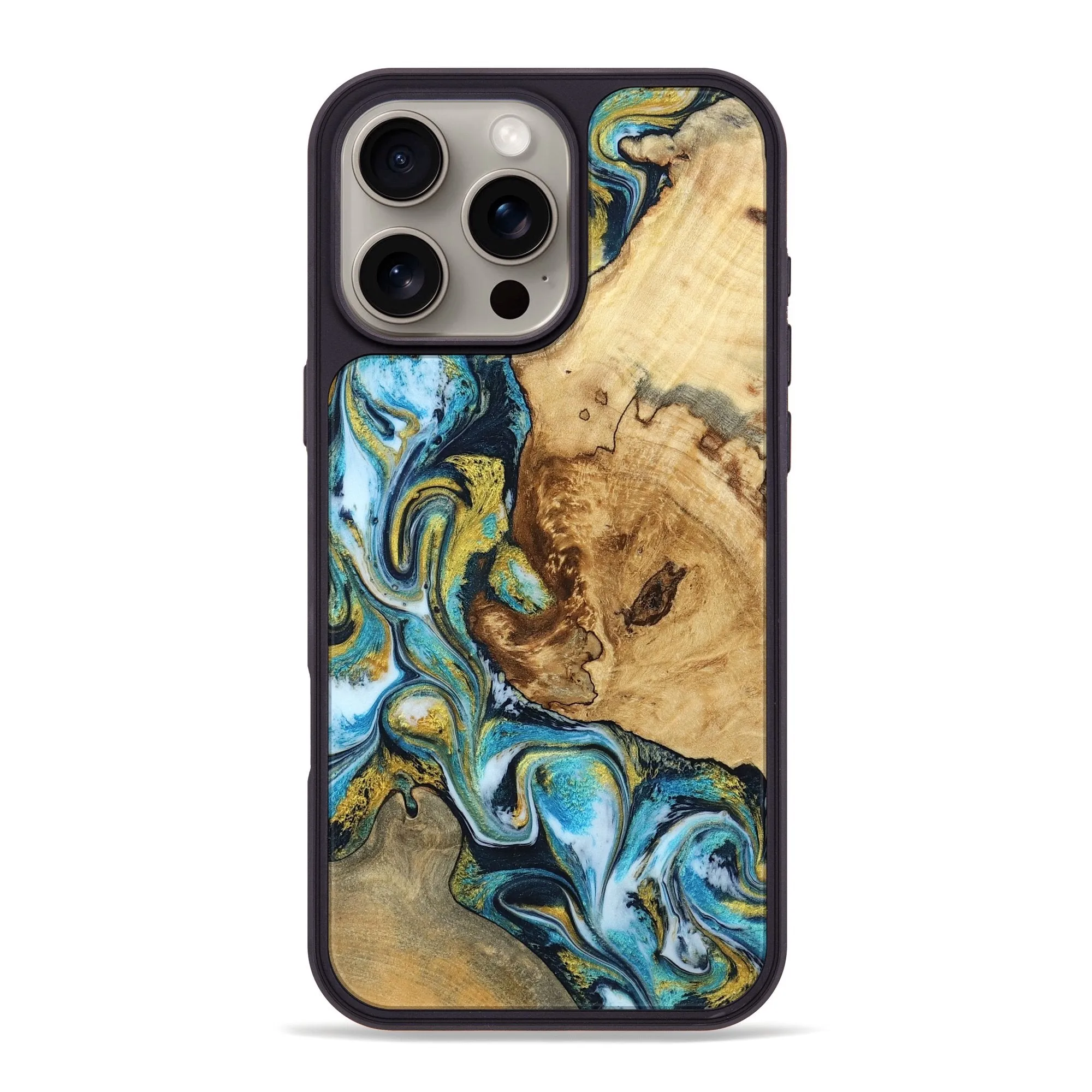 Iphone 16 Pro Max Wood Phone Case - Sloan (Teal & Gold, 781700) Smooth Touch Film Scratch Resistant Glass