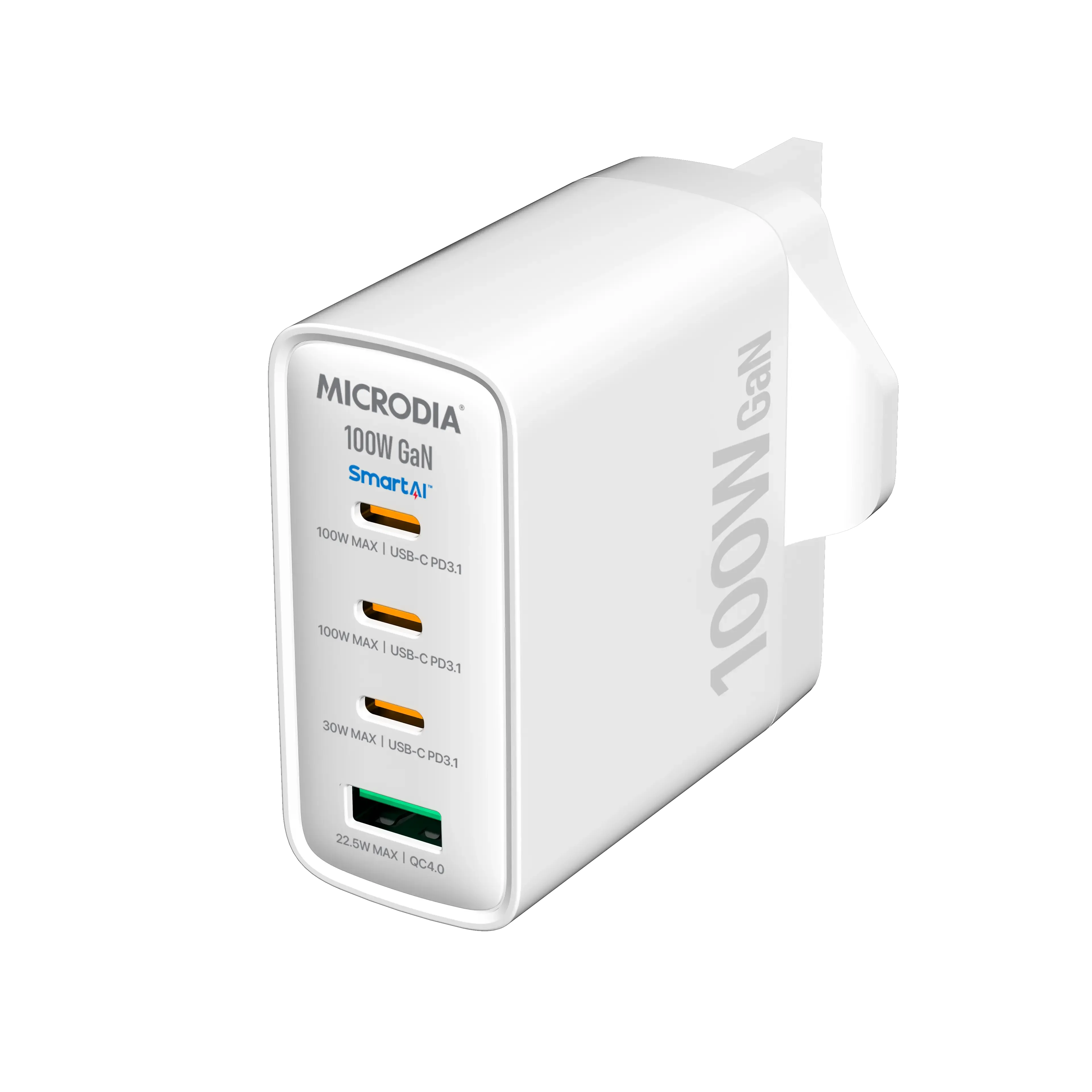 Microdia Smartcube Nano 100W, Gan Wall Charger, 3-Port & Usb-C Pd3.1   Usb-A Qc4.0 Cable Guard Overload Protection