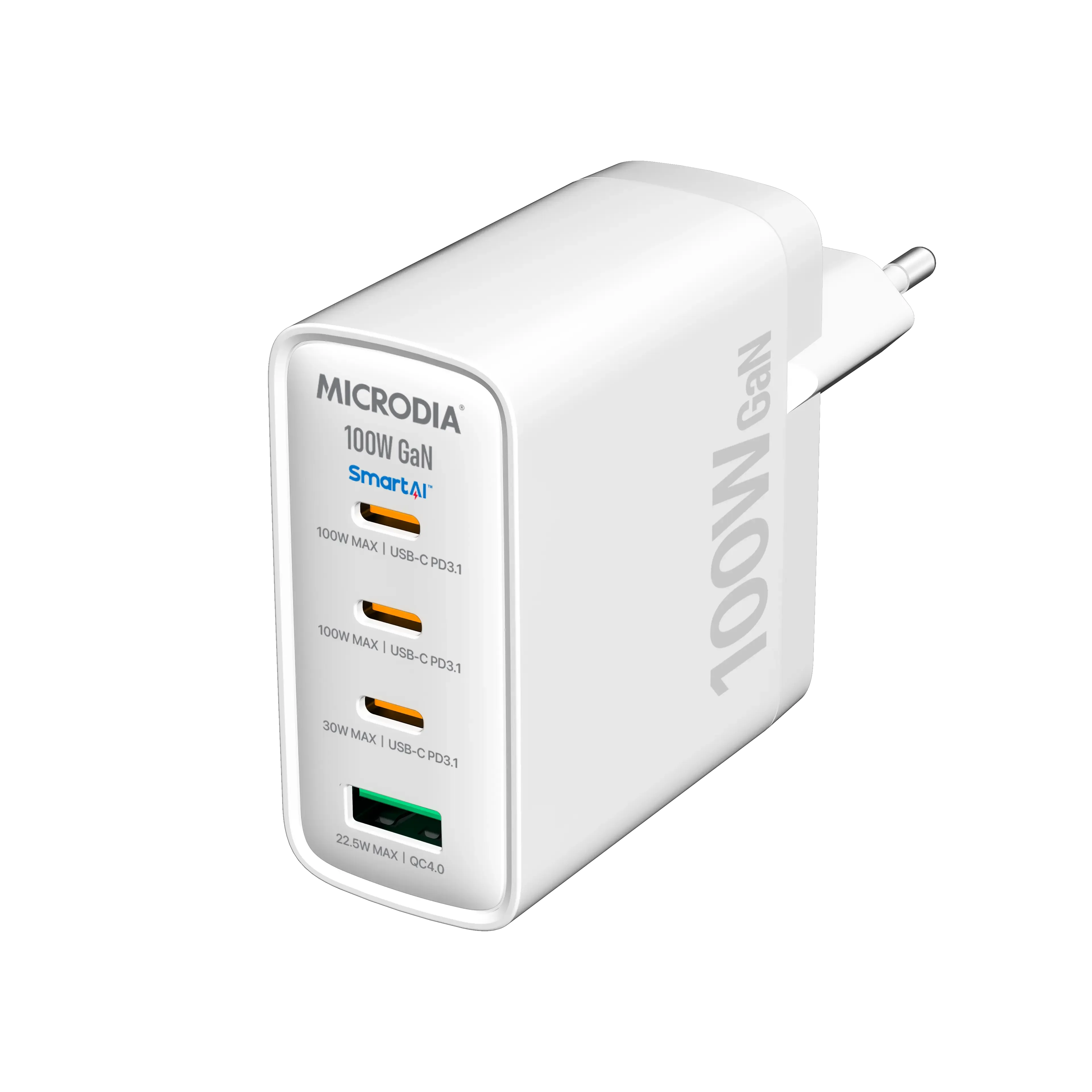 Microdia Smartcube Nano 100W, Gan Wall Charger, 3-Port & Usb-C Pd3.1   Usb-A Qc4.0 Reinforced Cable Cable Guard