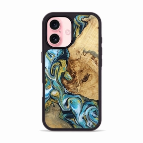 Iphone 16 Wood Phone Case - Sloan (Teal & Gold, 781700) Anti Shock Film Anti Glare