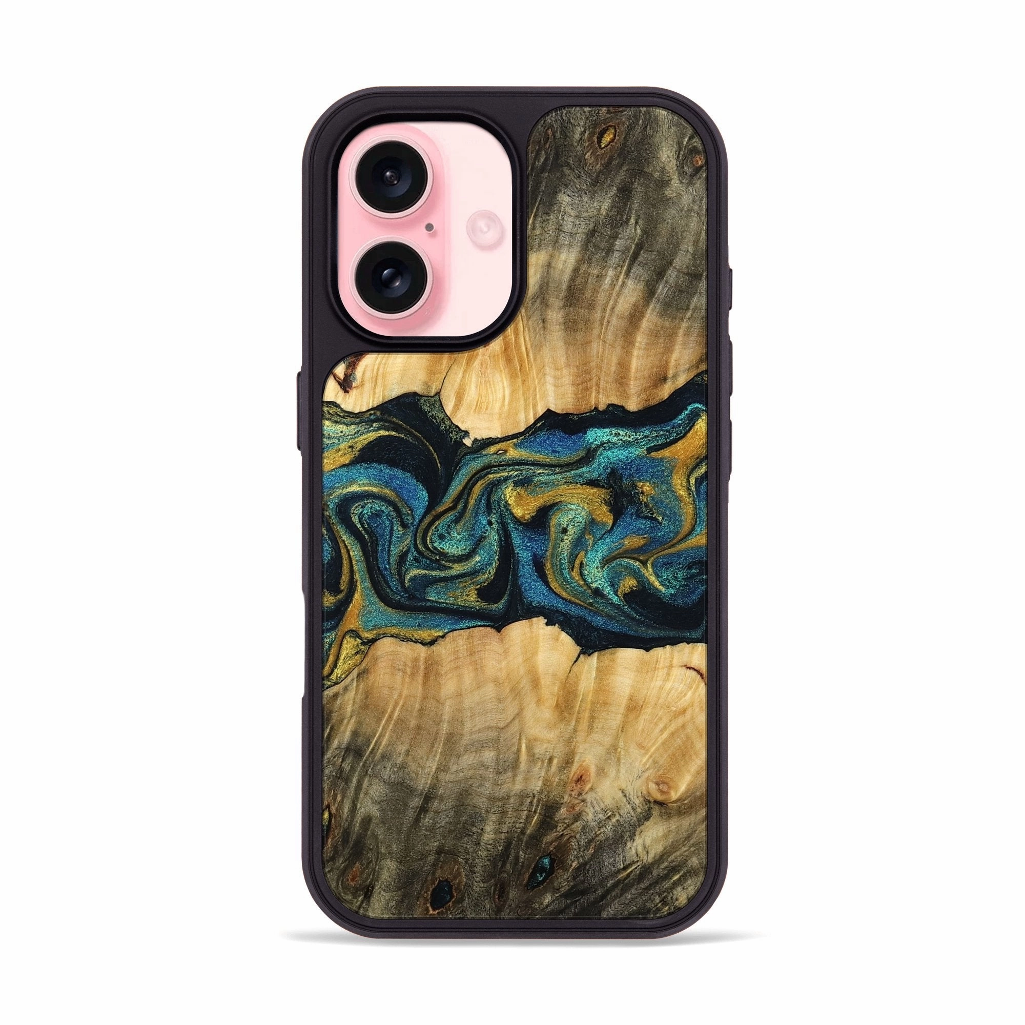 Tempered Screen Protector Iphone 16 Wood Phone Case - Inaya (Teal & Gold, 770655)