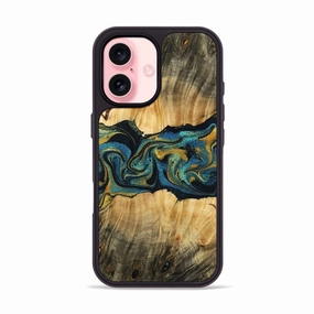 Tempered Screen Protector Iphone 16 Wood Phone Case - Inaya (Teal & Gold, 770655)