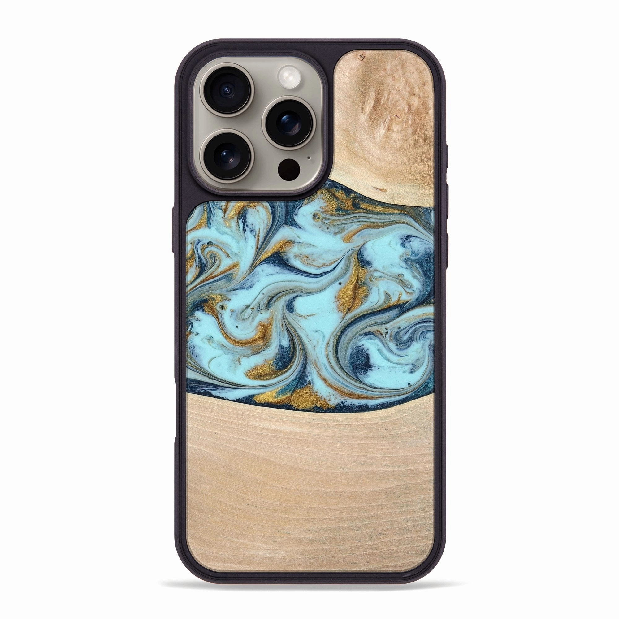Anti Finger Stain Tempered Glass Iphone 16 Pro Max Wood Phone Case - Leola (Teal & Gold, 774740)