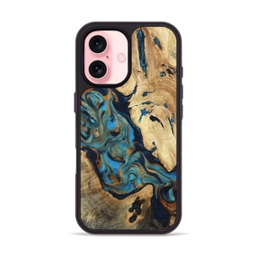 Soft Edge Case Friendly Glass Iphone 16 Wood Phone Case - Pablo (Teal & Gold, 781669)