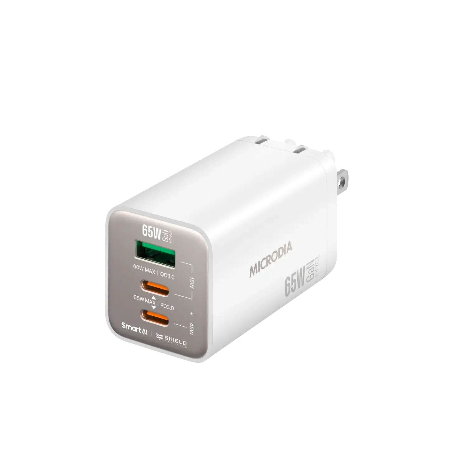 Energy Efficient Microdia Smartcube Nano 65W Gan Pro Wall Charger, 3-Port, Usb-C Pd3.0   Usb-A Qc3.0